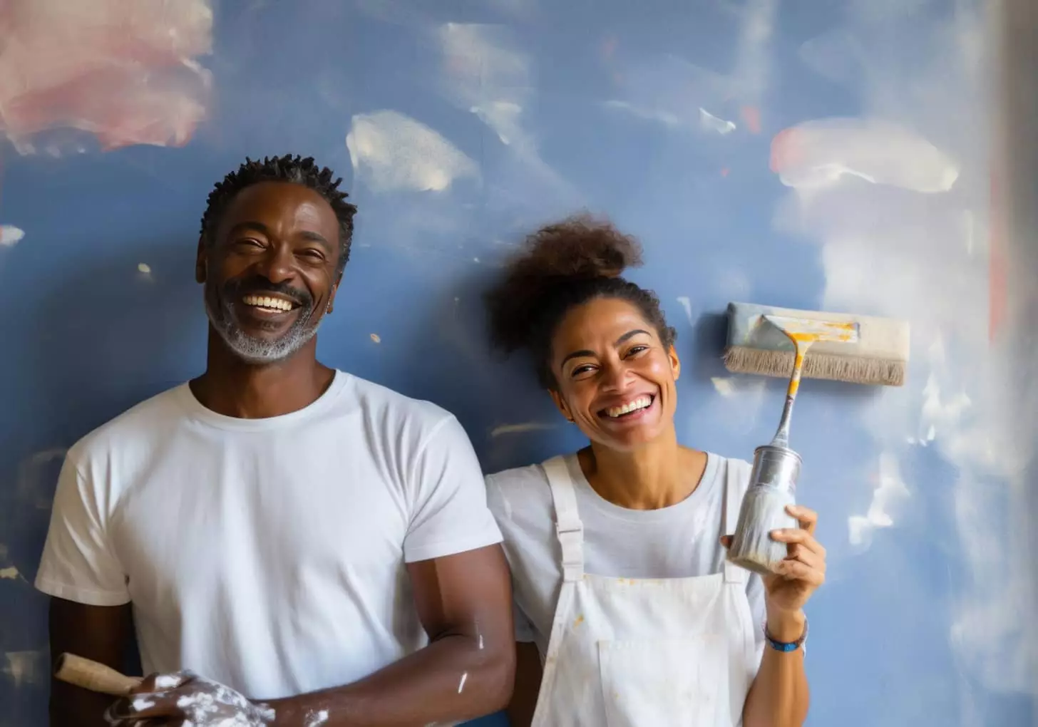 A man and woman smiling while holding paint brushes.
