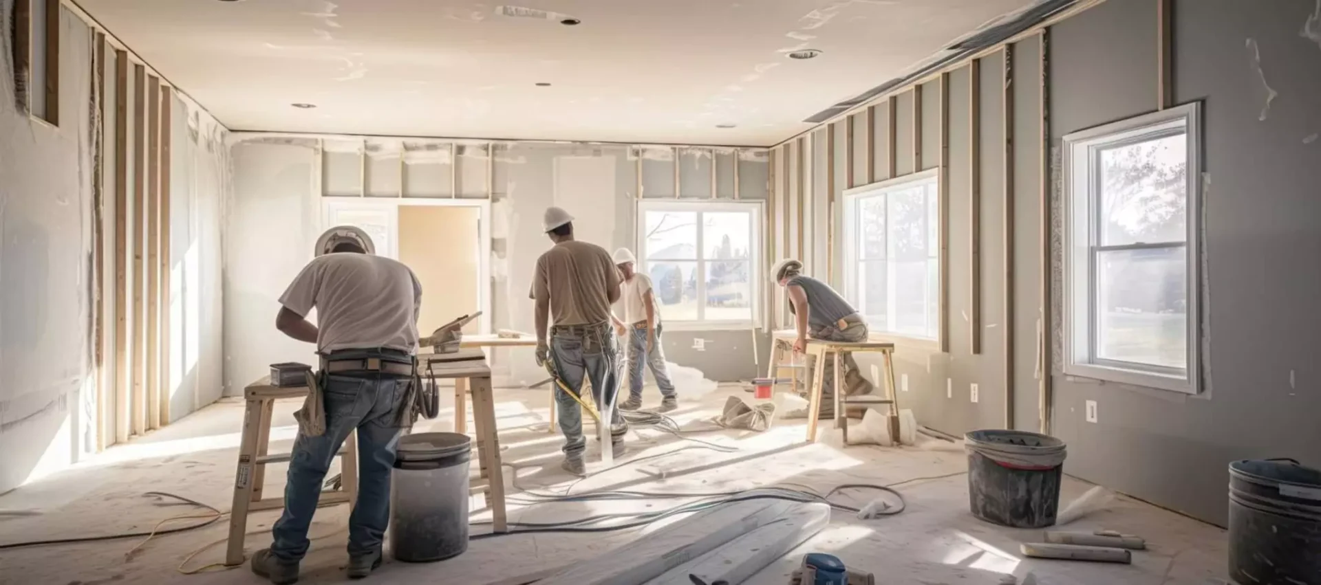 A group of men working in a room under construction.