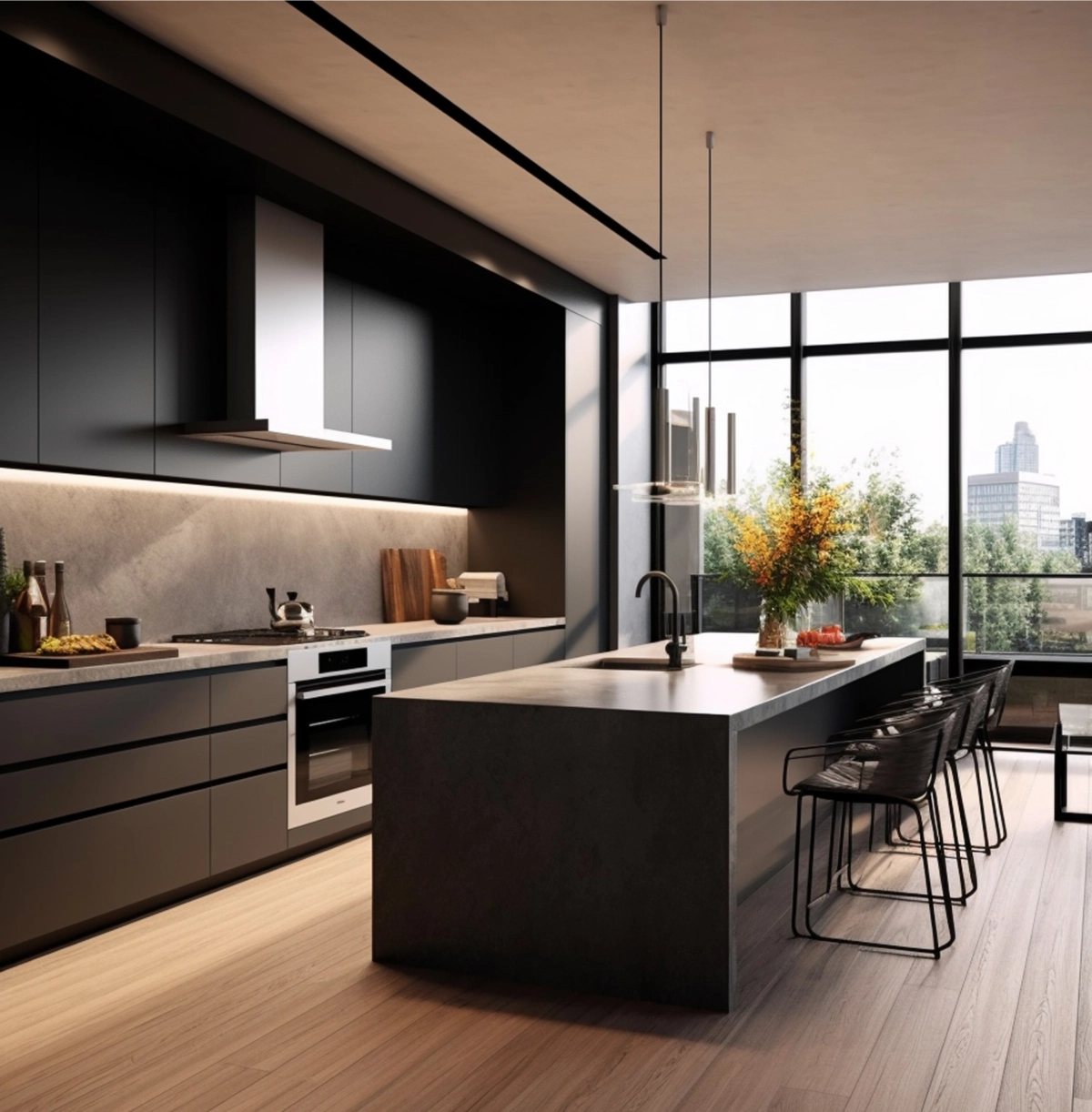 A kitchen with black cabinets and a large window.