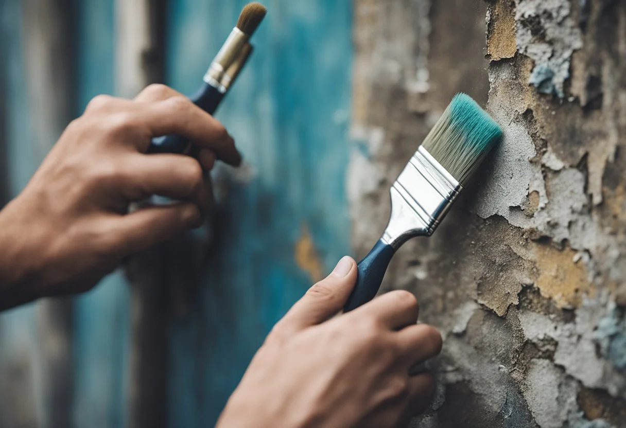 A person holding paintbrushes next to a wall.