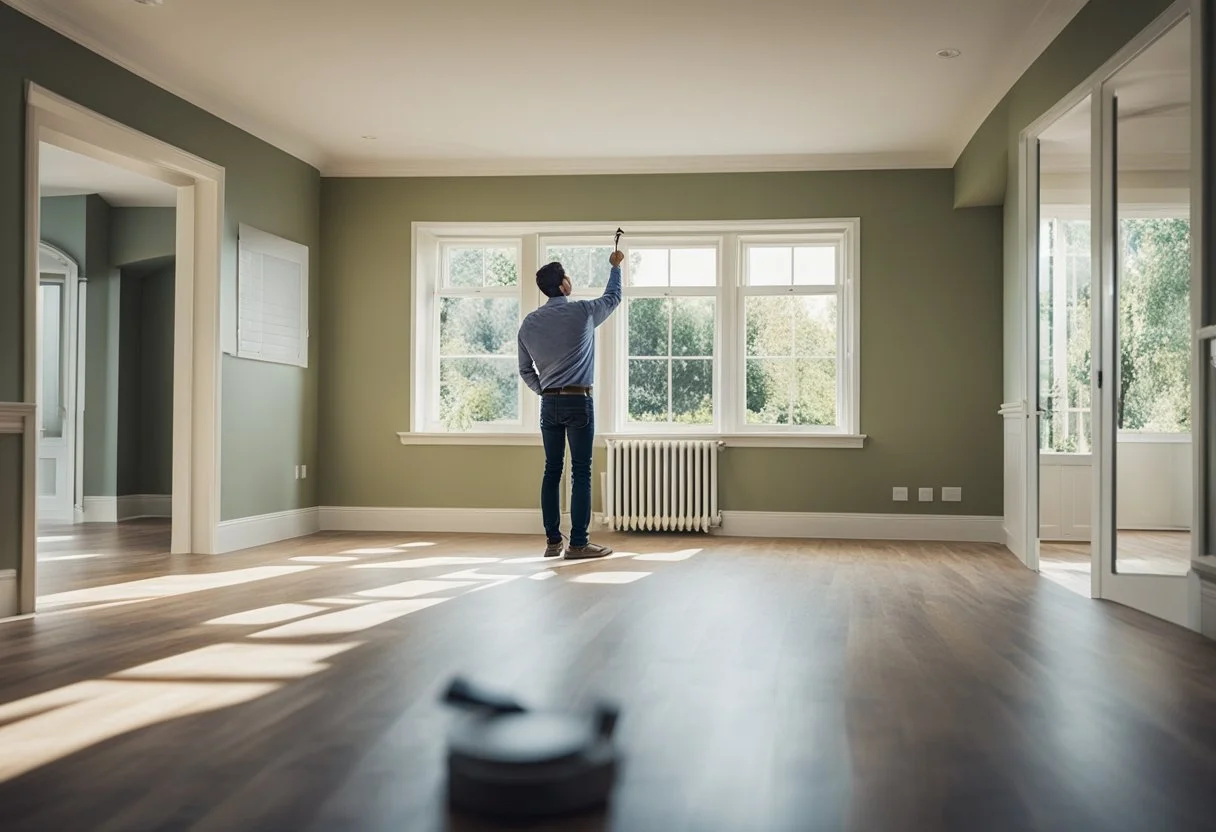 A man standing in front of a window with a vacuum.