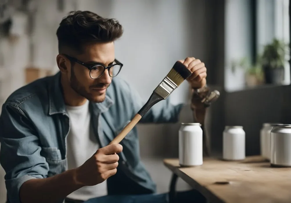 A man holding a paint brush and painting some white cans.