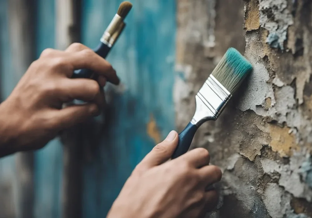 A person holding paintbrushes next to a wall.
